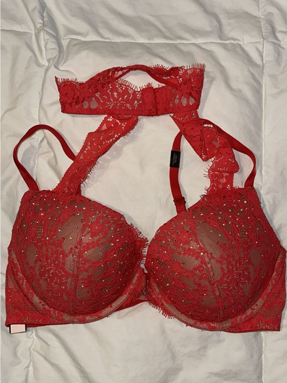 Red Lace Push-Up Bra with Decorative Straps
